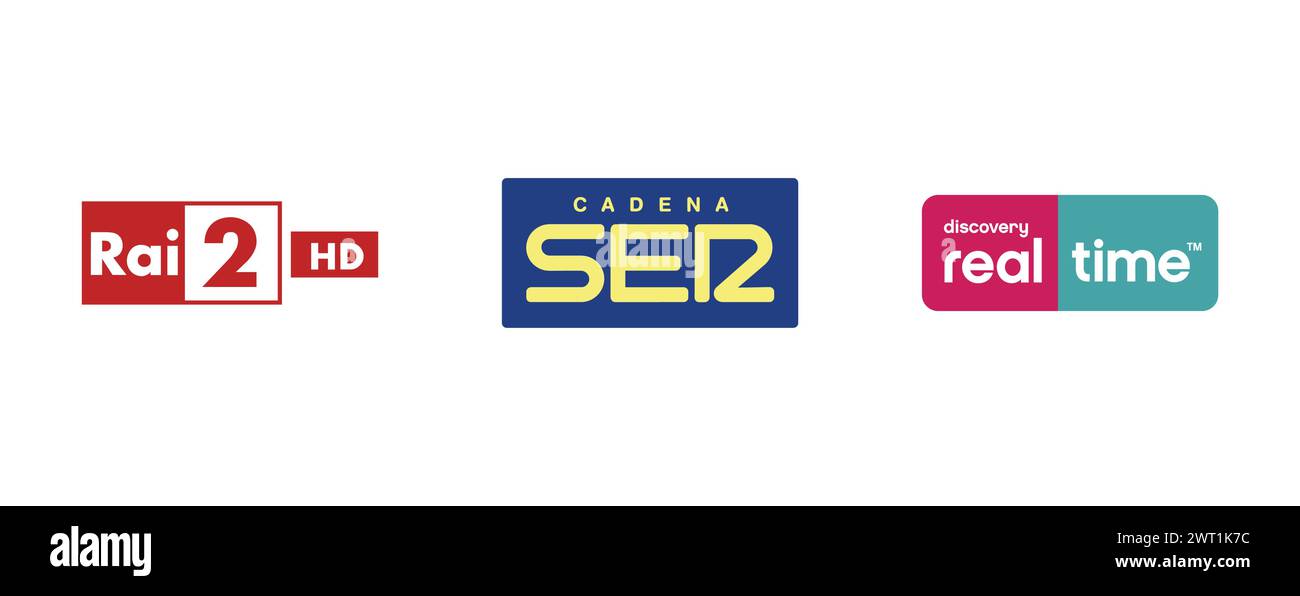 Cadena Ser, Rai 2 HD, Discovery Real Time. Collezione di logo del marchio vettoriale. Illustrazione Vettoriale