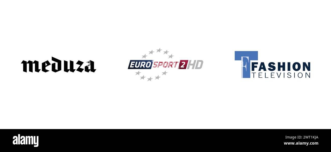Eurosport 2 HD, Fashion Television, Meduza. Collezione di logo del marchio vettoriale. Illustrazione Vettoriale