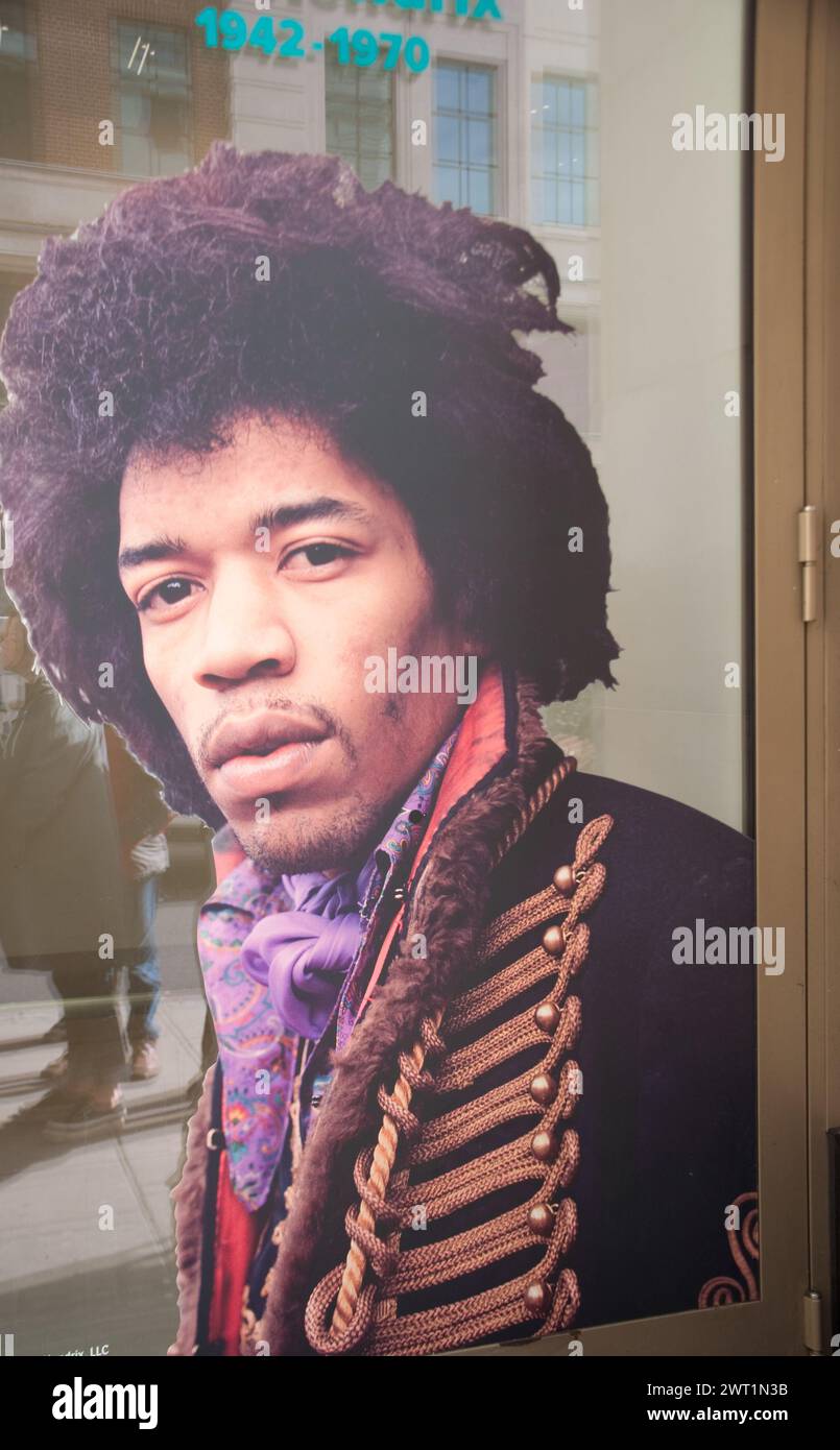 Dipinto di Jimi Hendrix su una finestra, Cumberland Hotel Window; Marble Arch, Londra, Regno Unito Foto Stock