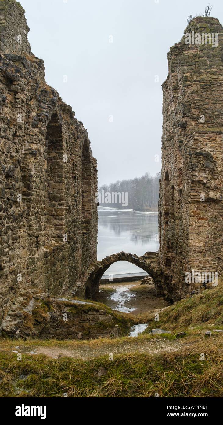 Scopri la grandiosità di Kokneses Pilsdrupas, dove le antiche rovine del castello offrono uno scorcio sul passato storico della Lettonia. Foto Stock