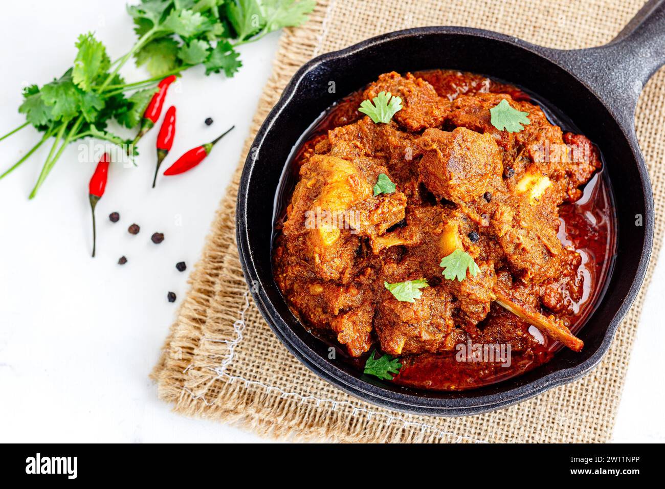 Curry di agnello piccante indiano guarnito con peperoncino rosso e foto dall'alto al coriandolo fresco Foto Stock