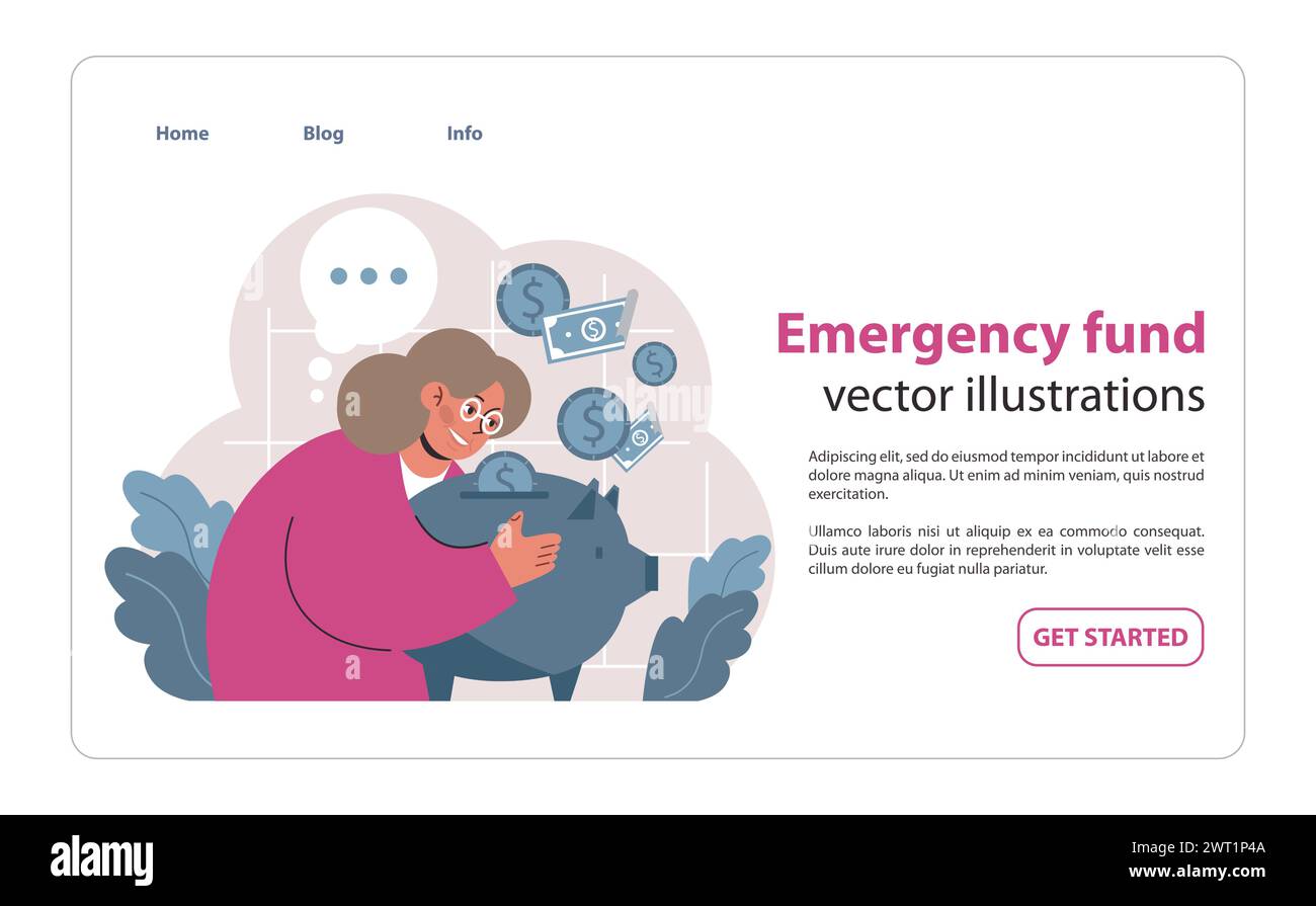 Indipendenza finanziaria, banner Web FIRE o landing page. Risparmio di denaro per il fondo di emergenza. Donna anziana che risparmia soldi nel salvadanaio. Pianificazione del budget personale. Illustrazione vettoriale piatta Illustrazione Vettoriale