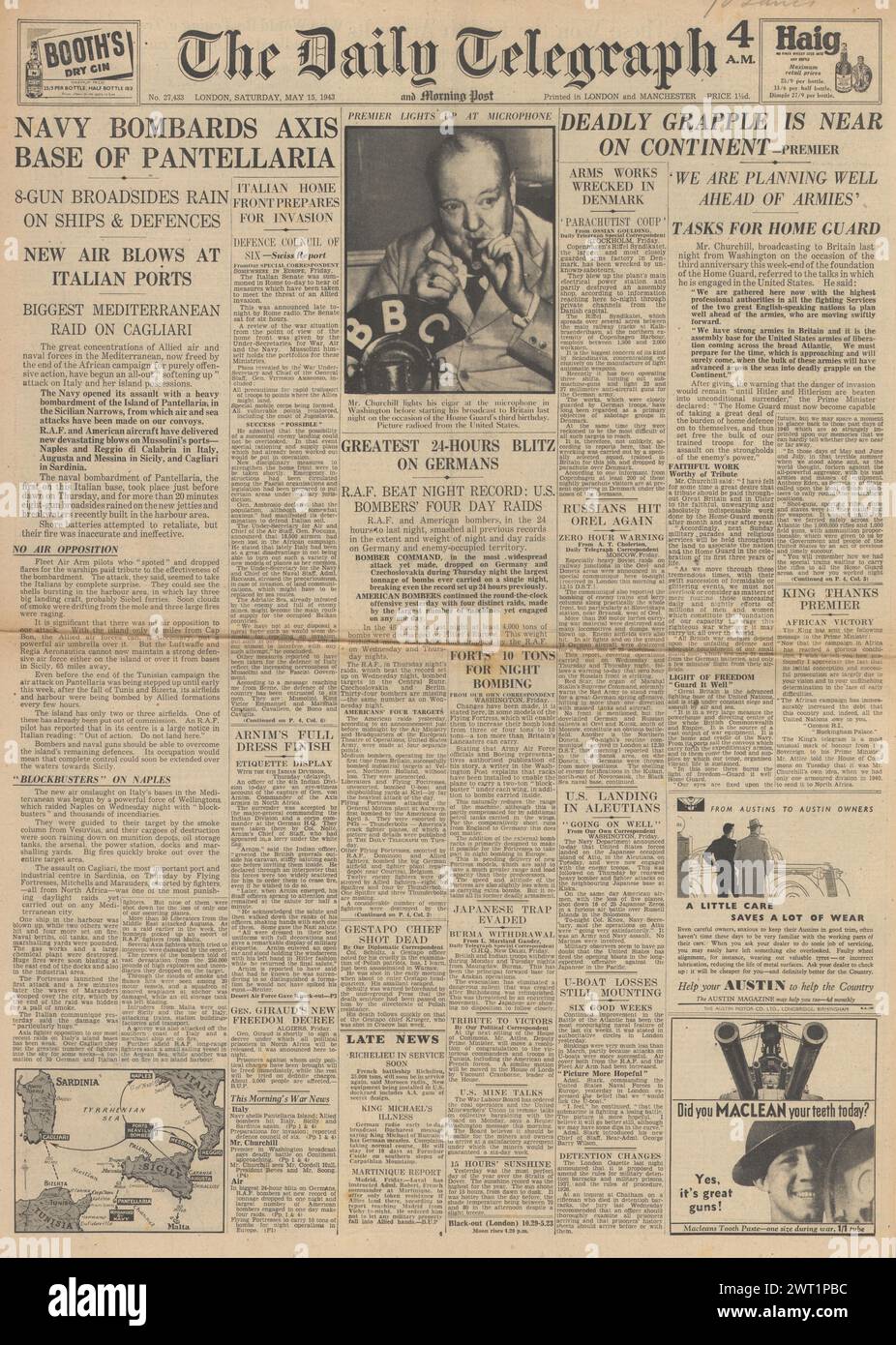 1943 la prima pagina del Daily Telegraph riporta l'escalation dei bombardamenti su Europa e Royal Navy attacca Pantellaria Foto Stock