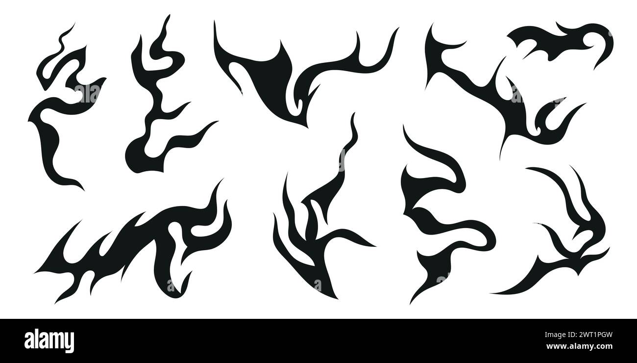 Set vettoriale di elementi di design in stile y2k, cicatrici, fiamme, crepe, tatuaggi. Illustrazioni tribali neo. Illustrazione Vettoriale