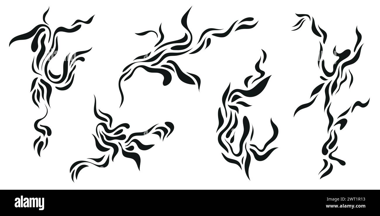 Set vettoriale di elementi di design in stile y2k, fiamme, crepe, tatuaggi. Illustrazioni tribali neo Illustrazione Vettoriale