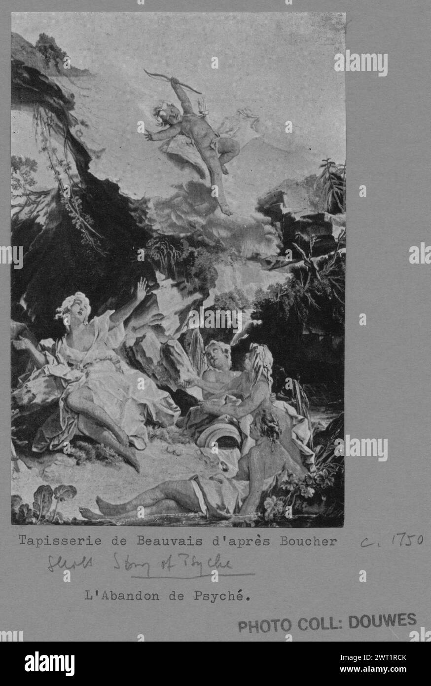 Psiche abbandonate da Cupido. Boucher, Francesco (francese, 1703-1770) (creatore di cartoni animati) [pittore] Oudry, Jean-Baptiste (francese, 1686-1755) (laboratorio) [pittore] Besnier, Nicolas (francese, b.1686-d.1754) (laboratorio) [tessitore] c. 1750 arazzi materiali/tecniche: Lana e seta Cultura: Tessitura francese Centro: Beauvais Psyche abbandonata da Cupido e gettata nella remota e sassosa natura selvaggia alla fonte della sorgente con acqua a cascata (perché ha acceso la lampada disobbedientemente per vedere Cupido), guarda in alto verso la partenza Cupido con le braccia in stato di deportazione, 3 naiadi testimoniano che l'evento è scomparso. Bremer-David, francese Foto Stock