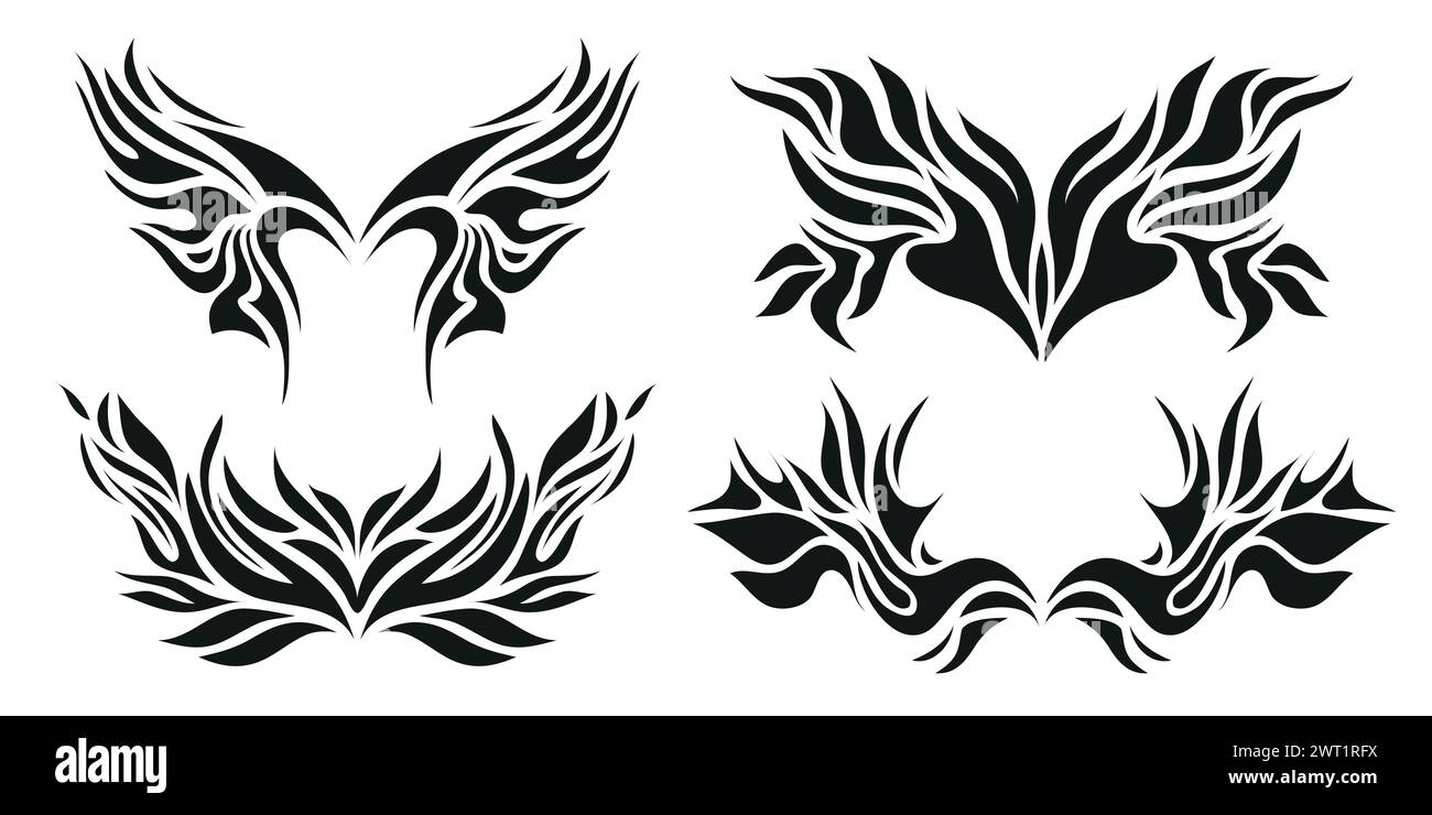 Set vettoriale di tatuaggi neo tribali in stile y2k, ali, fiamma fiamma, illustrazioni in metallo grunge, farfalle. Illustrazione Vettoriale