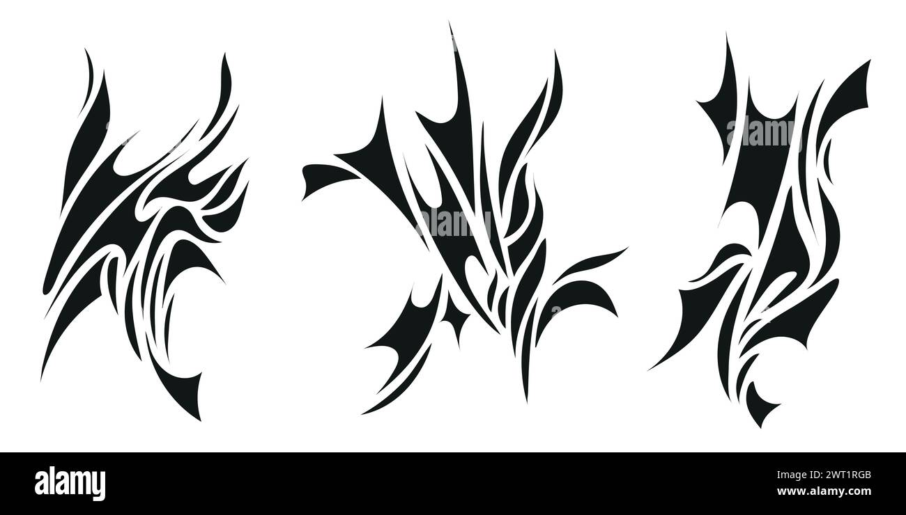 Set vettoriale di tatuaggi neo tribali in stile y2k, silhouette, illustrazioni in metallo grunge. Estetica metal, rock, punk. Illustrazione Vettoriale