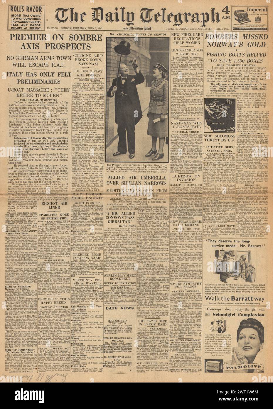 1943 la prima pagina del Daily Telegraph che riporta il discorso di Churchill sulle prospettive dell'asse Foto Stock