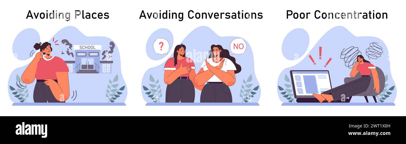 Disturbo da stress post traumatico impostato. Personaggio femminile che soffre di disturbi mentali, che si occupa di disperazione, paura e dolore. Ansia e depressione. Illustrazione vettoriale piatta Illustrazione Vettoriale