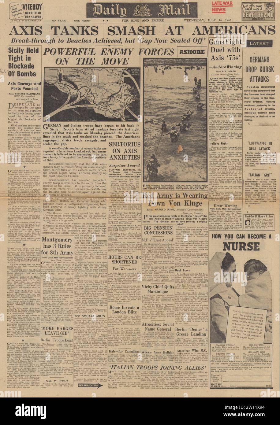 1943 la prima pagina del Daily mail riporta l'invasione alleata della Sicilia e la battaglia di Kursk Foto Stock