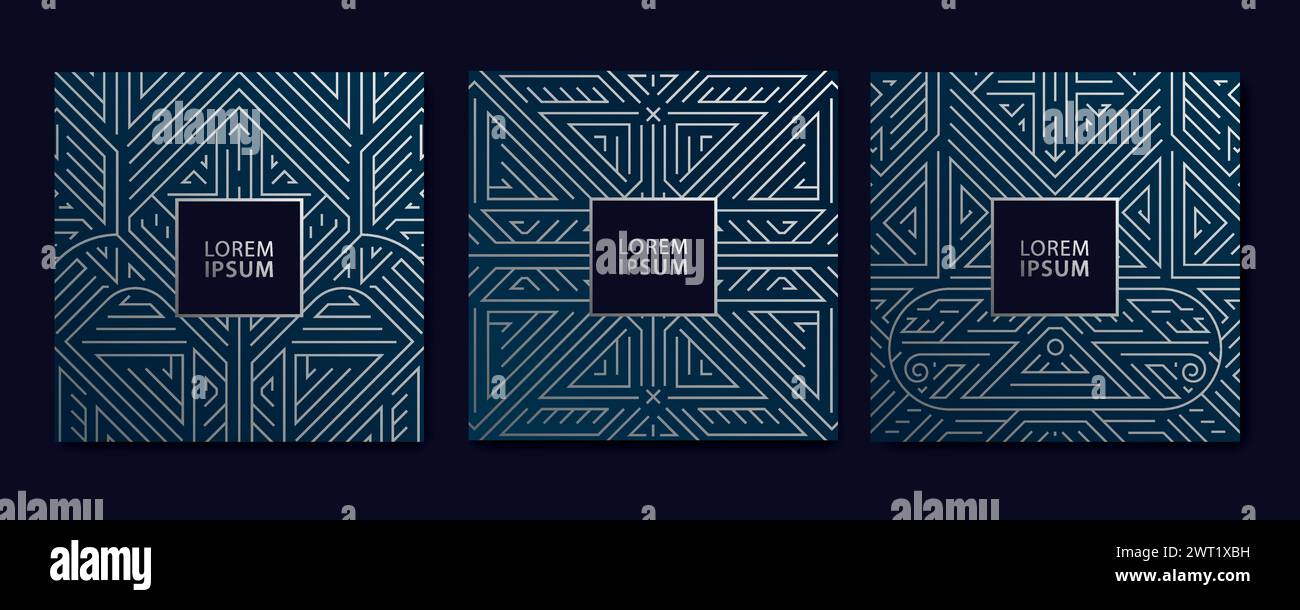 Set vettoriale di cornici in argento art deco, sfondi geometrici a linee, ornamenti per carte retrò. Eleganti schede retrò. Illustrazione Vettoriale