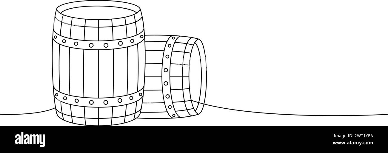 Fusti di legno disegno continuo a una linea. Birra vecchia botte continua a una riga. Illustrazione lineare vettoriale. Illustrazione Vettoriale