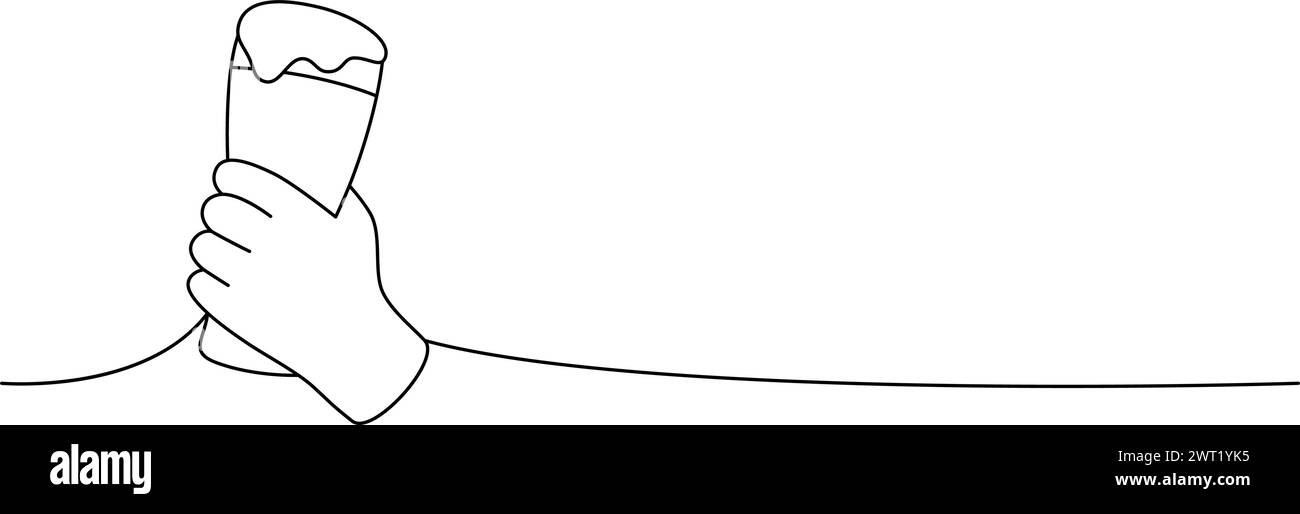 Mano che regge un bicchiere da birra, una linea di disegno continuo. Illustrazione continua di una riga dei prodotti da pub della birra. Illustrazione lineare vettoriale. Illustrazione Vettoriale
