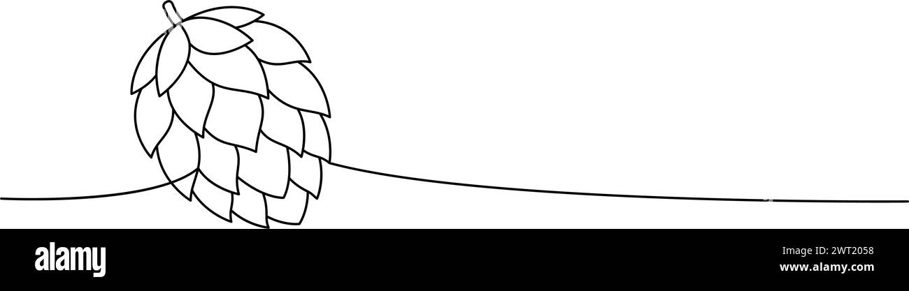 Hop cono disegno continuo di una linea. Illustrazione continua di una riga dei prodotti da pub della birra. Illustrazione lineare vettoriale. Illustrazione Vettoriale