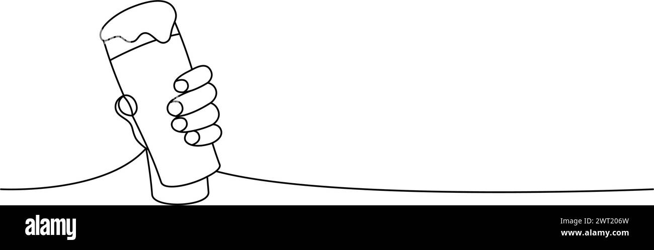 Mano che regge una tazza di birra, una linea di disegno continuo. Illustrazione continua di una riga dei prodotti da pub della birra. Illustrazione lineare vettoriale. Illustrazione Vettoriale