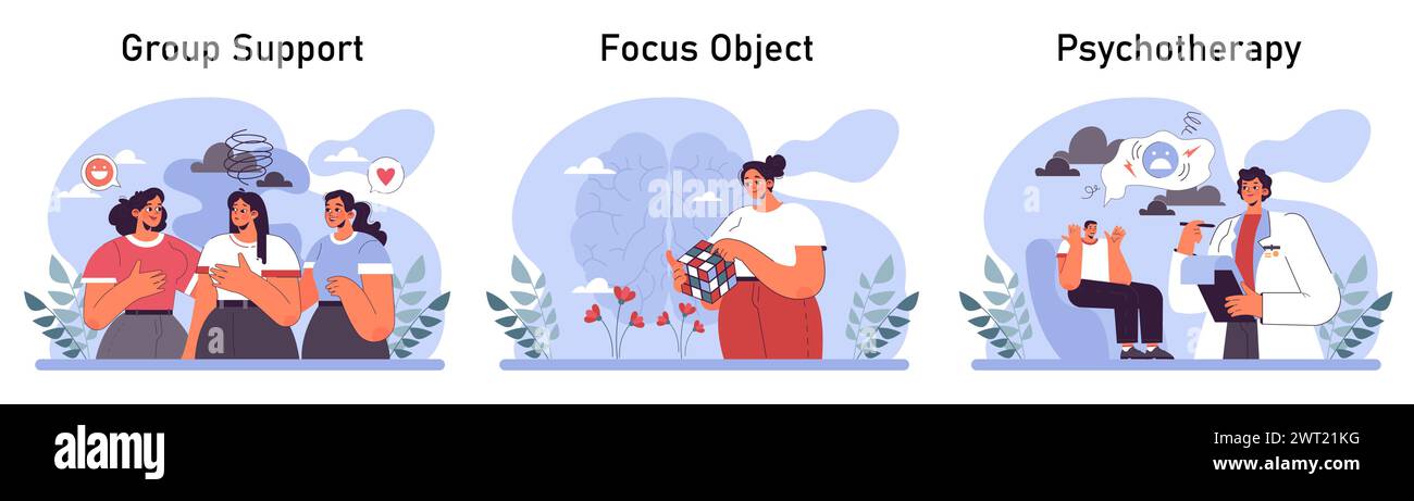 Attacco di panico impostato. Disturbo di salute mentale. Fobia, frustrazione e sollecitazione costante. Psicoterapia e idea di supporto emotivo. Illustrazione vettoriale piatta Illustrazione Vettoriale