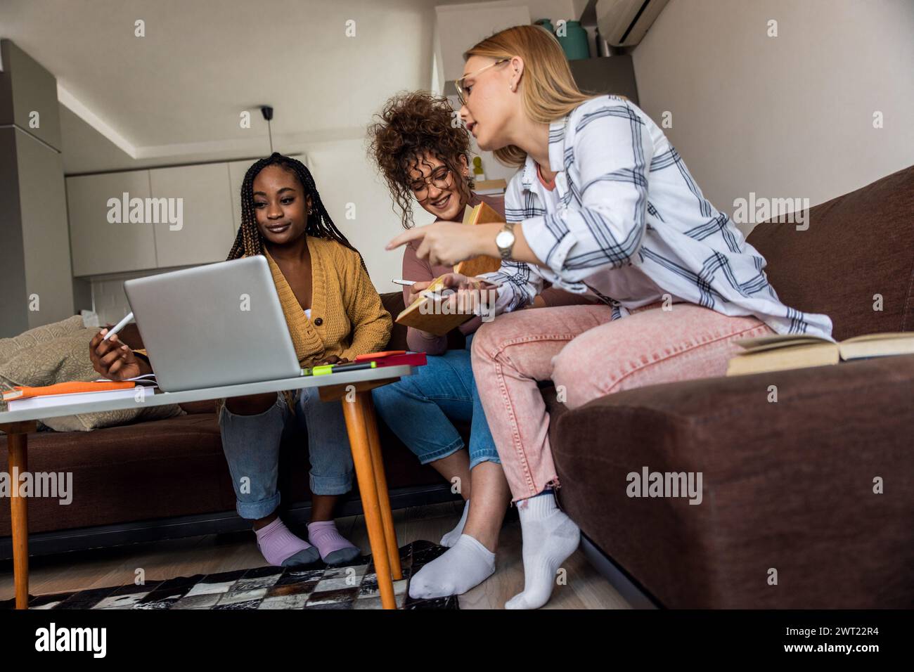 Diverse studentesse di gruppo che imparano a casa utilizzando il laptop e libri per la ricerca. Foto Stock
