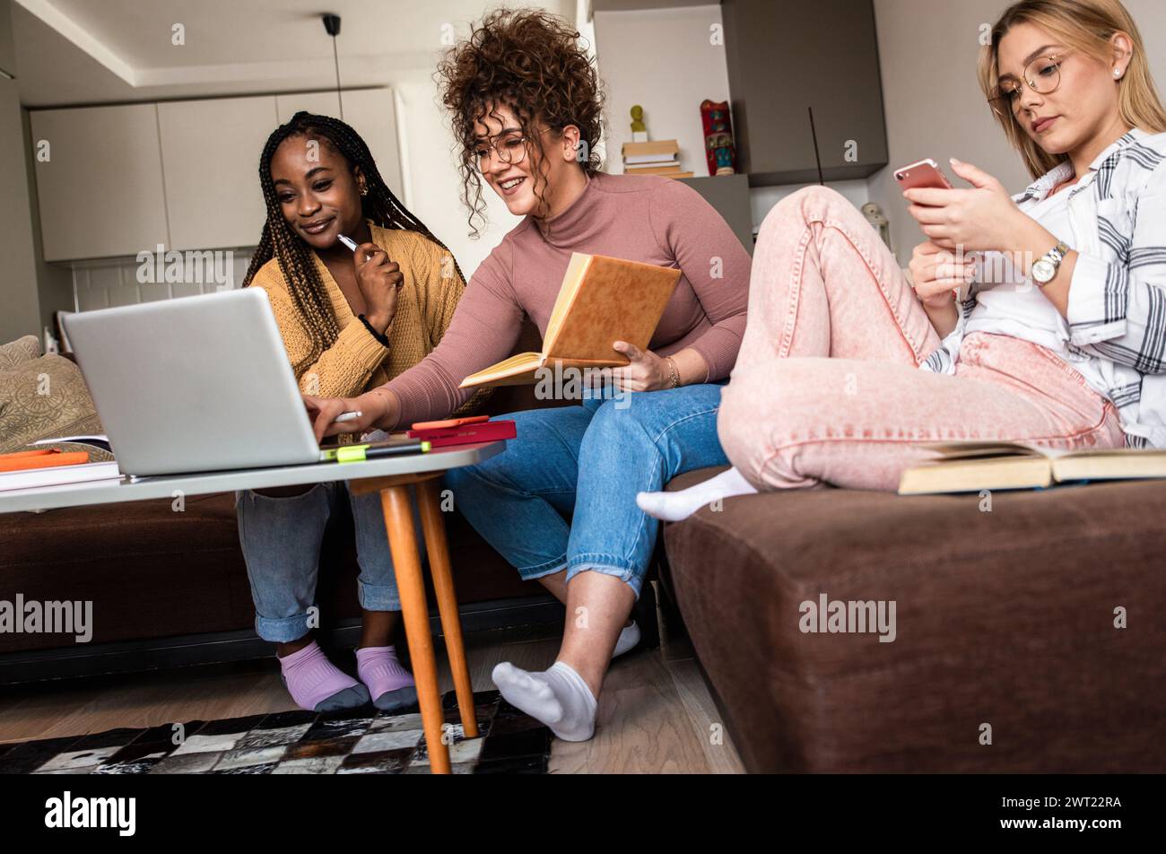 Diverse studentesse di gruppo che imparano a casa utilizzando il laptop e libri per la ricerca. Foto Stock