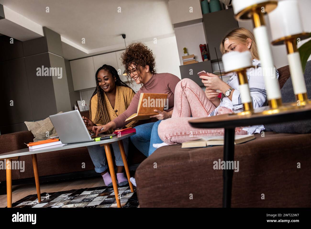Diverse studentesse di gruppo che imparano a casa utilizzando il laptop e libri per la ricerca. Foto Stock