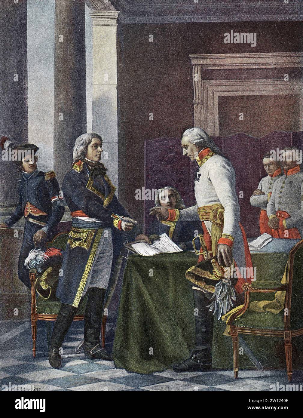 Louis Alexandre Berthier, generale francese e generale austriaco Michael von Melas firmarono la convenzione di Alessandria (Italia) (Alessandria) consegnando ai francesi tutti i castelli e i luoghi occupati dagli austriaci in Piemonte e Liguria (15 giugno 1800) - incisione dopo Drolling (1837) Foto Stock