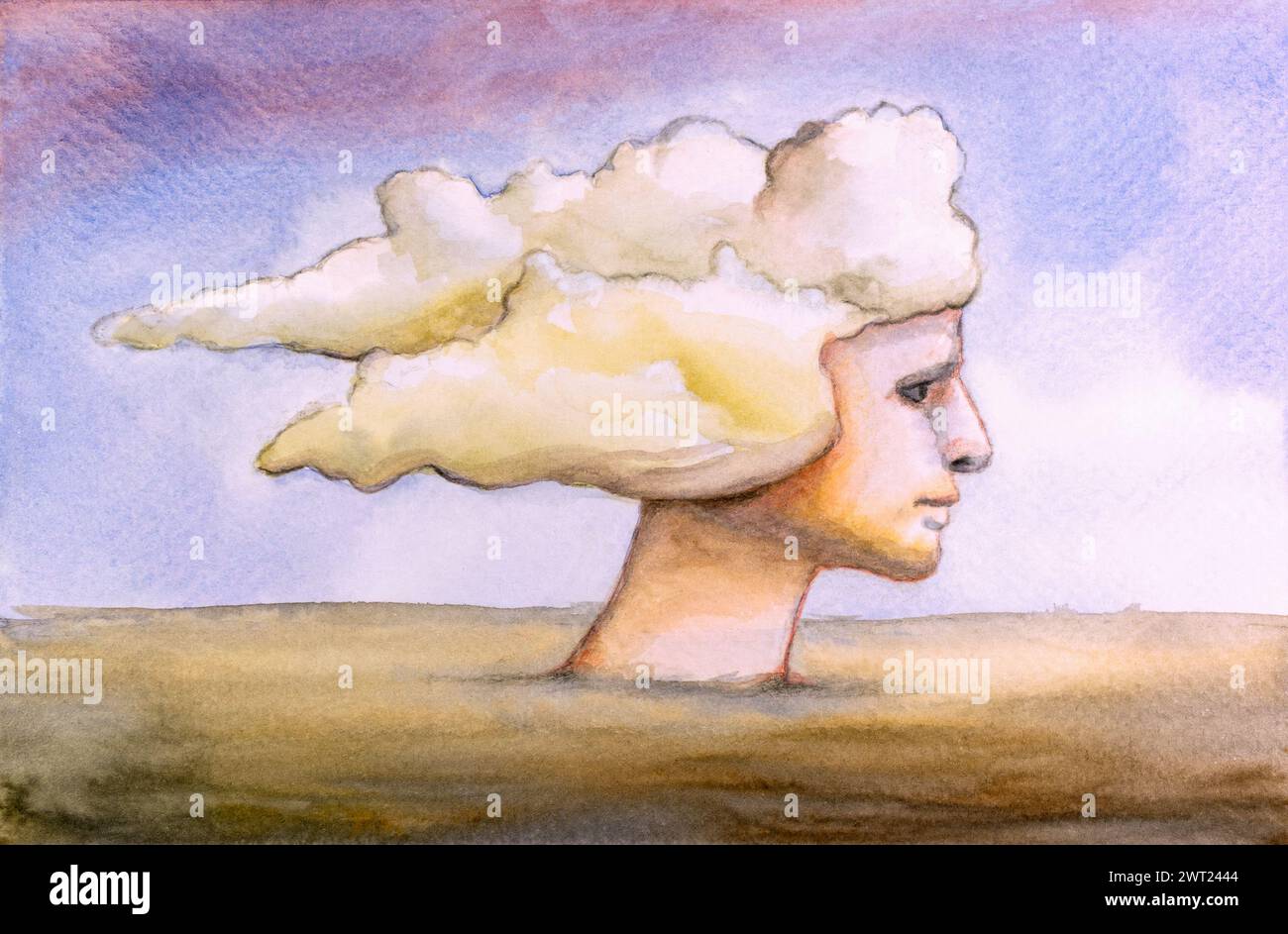 Testa umana con capelli sostituiti da alcune morbide nuvole. Illustrazione tradizionale ad acquerello su carta. Foto Stock