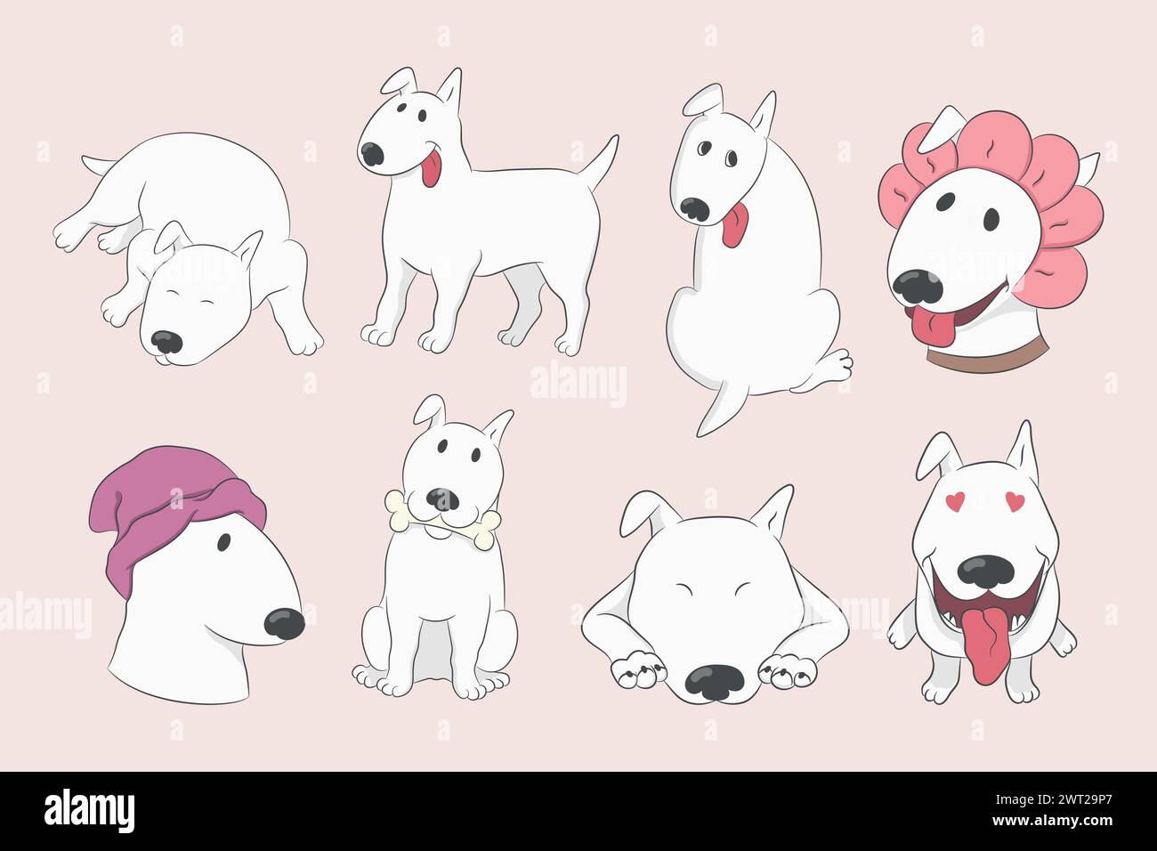 Set di cartoni animati con un divertente Bull terrier. Divertente personaggio di cane. Illustrazione vettoriale disegnata a mano Illustrazione Vettoriale