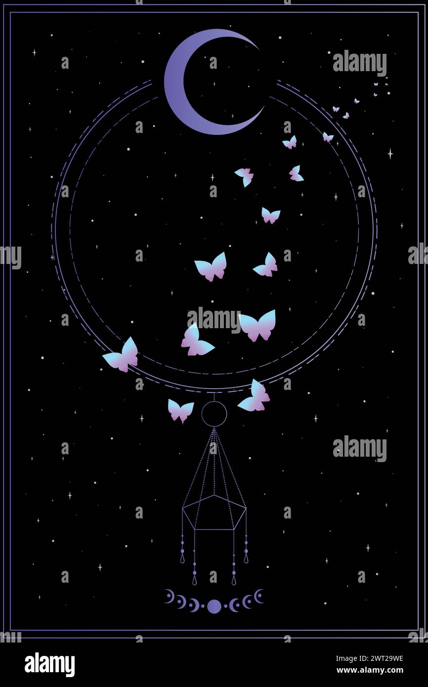 Sfondo celeste con farfalle viola, stelle e luna crescente. Illustrazione vettoriale Illustrazione Vettoriale