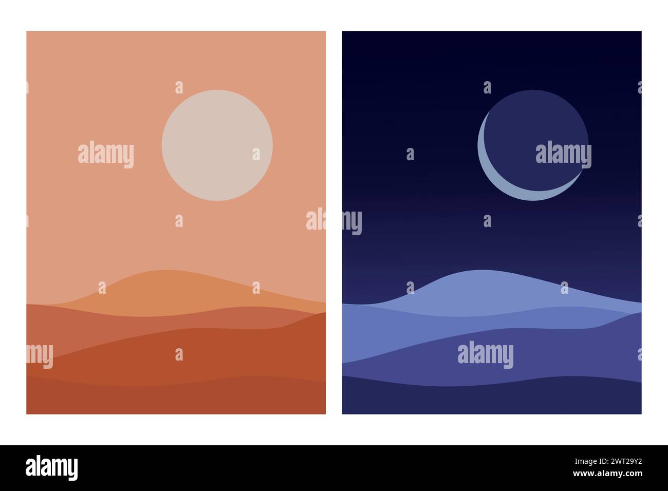 Notte e giorno nel deserto. Arte minimalista della luna e del sole sopra le dune di sabbia. Illustrazione vettoriale Illustrazione Vettoriale