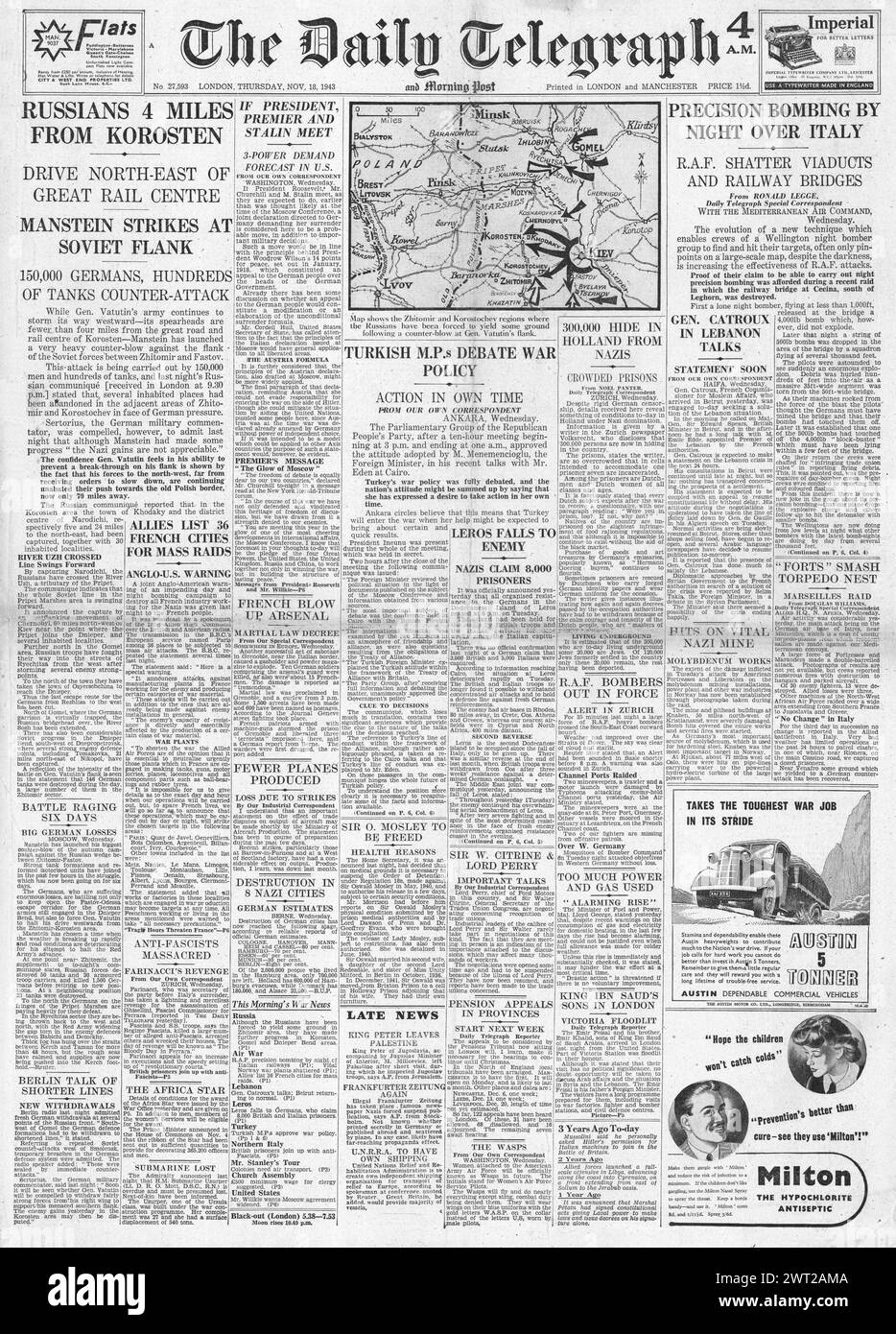 1943 la prima pagina del Daily Telegraph riportava l'avanzata dell'Armata Rossa su Korosten e la bomba RAF in Italia Foto Stock