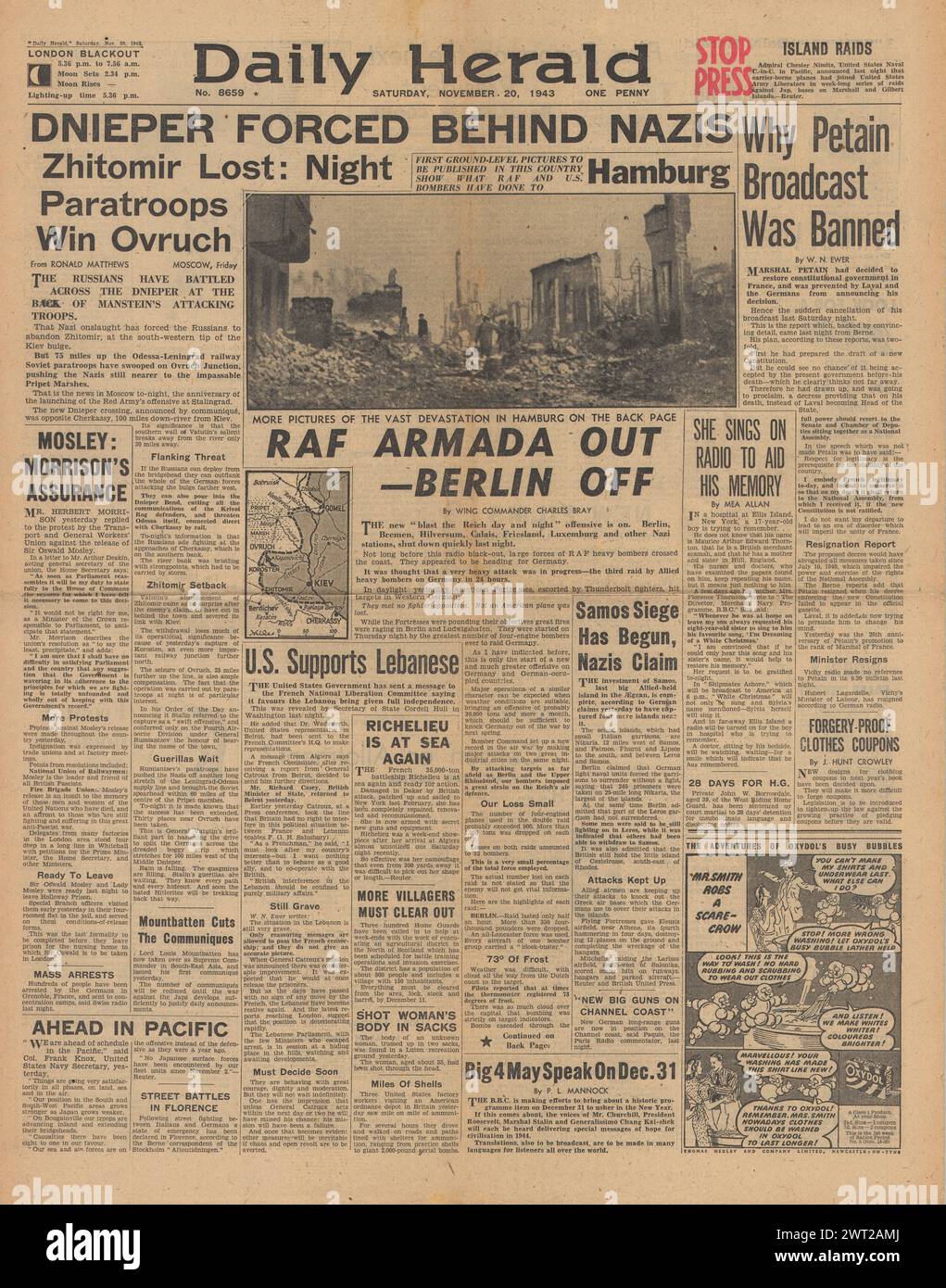 1943 la prima pagina del Daily Herald riporta la bomba della RAF Berlino, l'esercito tedesco riconquista Zhitomir e protesta su Oswald Mosley Foto Stock