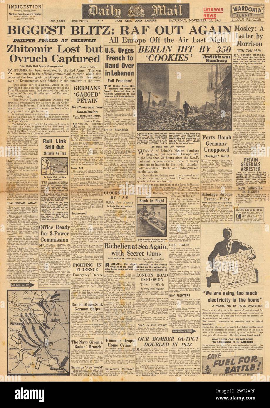 1943 la prima pagina del Daily mail riporta la bomba della RAF Berlino, l'esercito tedesco riconquista Zhitomir e protesta su Oswald Mosley Foto Stock