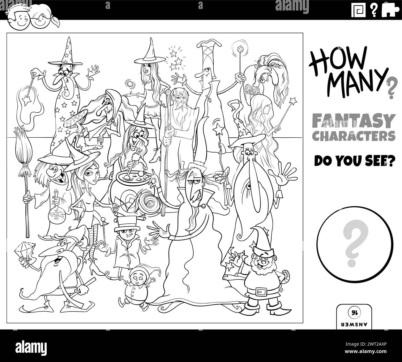 Illustrazione dell'attività didattica di conteggio con la pagina di colorazione dei personaggi fantasy dei cartoni animati Illustrazione Vettoriale