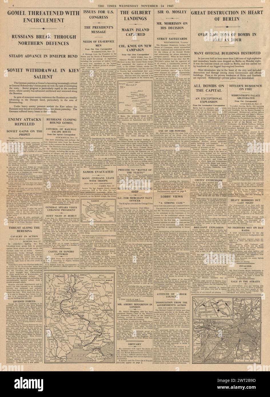 1943 The Times riportava che la RAF bombardava Berlino, l'Armata Rossa avanzava su Gomel, Makin Island catturata e Oswald Mosley Foto Stock
