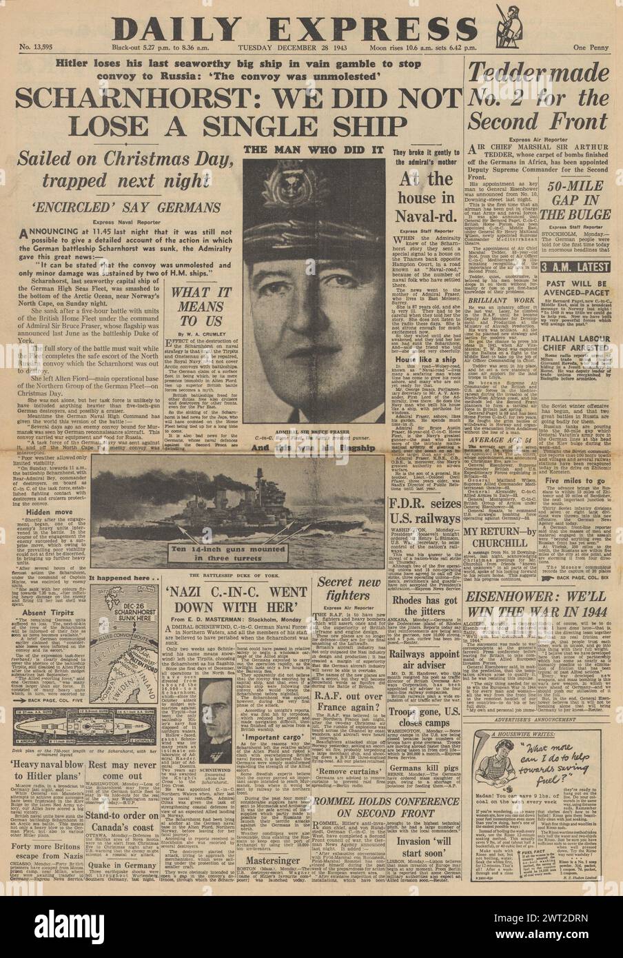 1943 prima pagina del Daily Express riportante l'affondamento dell'incrociatore da battaglia Scharnhorst e il maresciallo Arthur Tedder Foto Stock