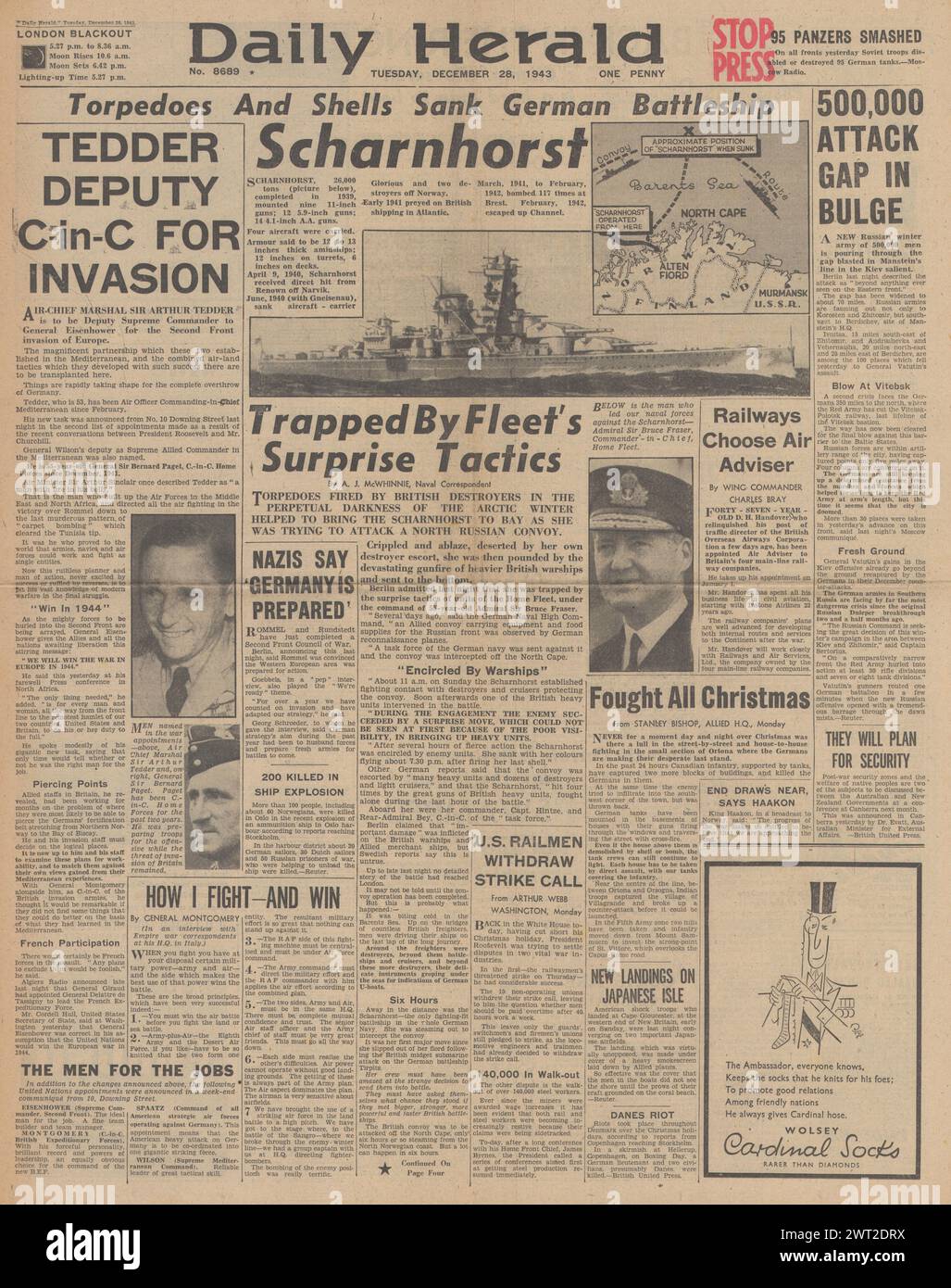 1943 la prima pagina del Daily Herald riportava l'affondamento dell'incrociatore da battaglia Scharnhorst e il maresciallo Arthur Tedder Foto Stock