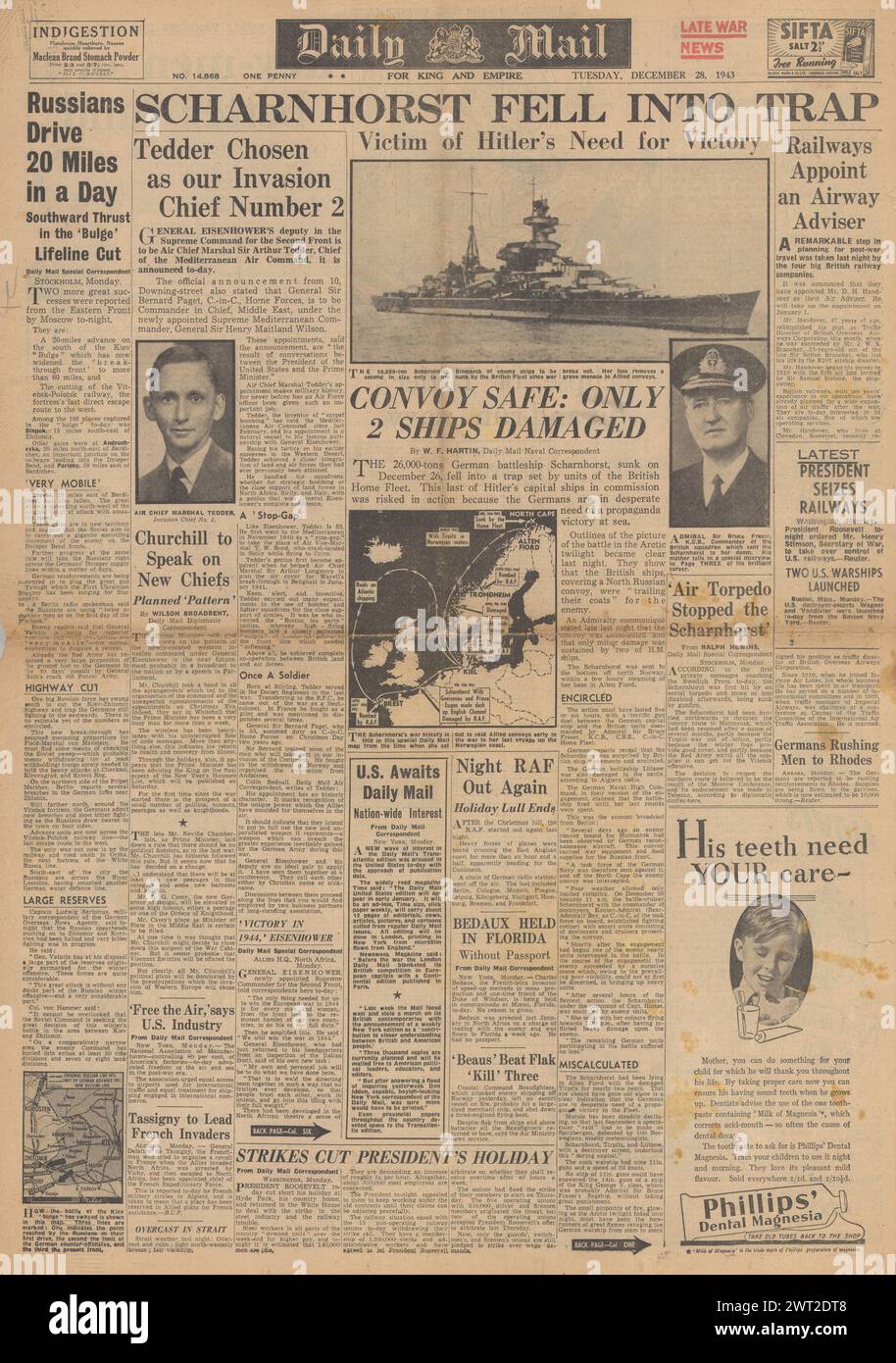 1943 la prima pagina del Daily mail riportava l'affondamento dell'incrociatore da battaglia Scharnhorst e il maresciallo Arthur Tedder Foto Stock