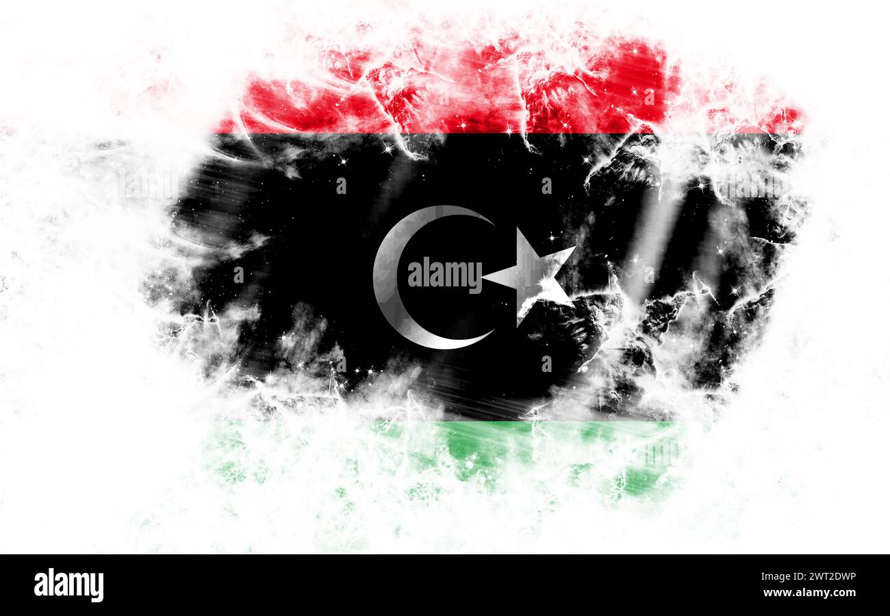 Sfondo bianco con bandiera libica strappata Foto Stock