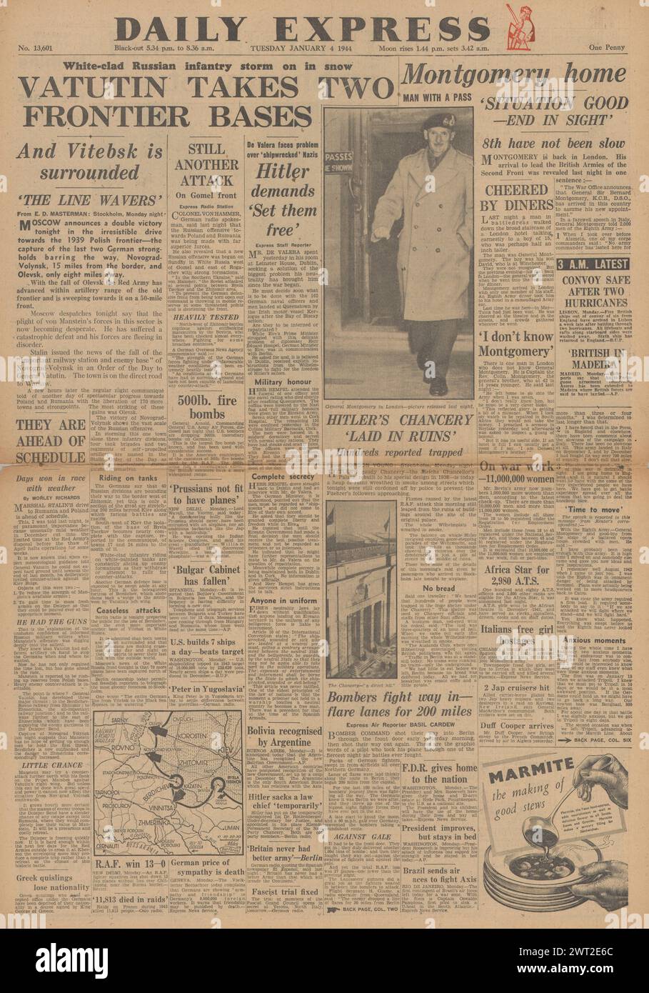 1944 la prima pagina del Daily Express riporta l'avanzata dell'Armata Rossa verso la Polonia, la Battaglia per l'Italia e Montgomery torna in Inghilterra Foto Stock