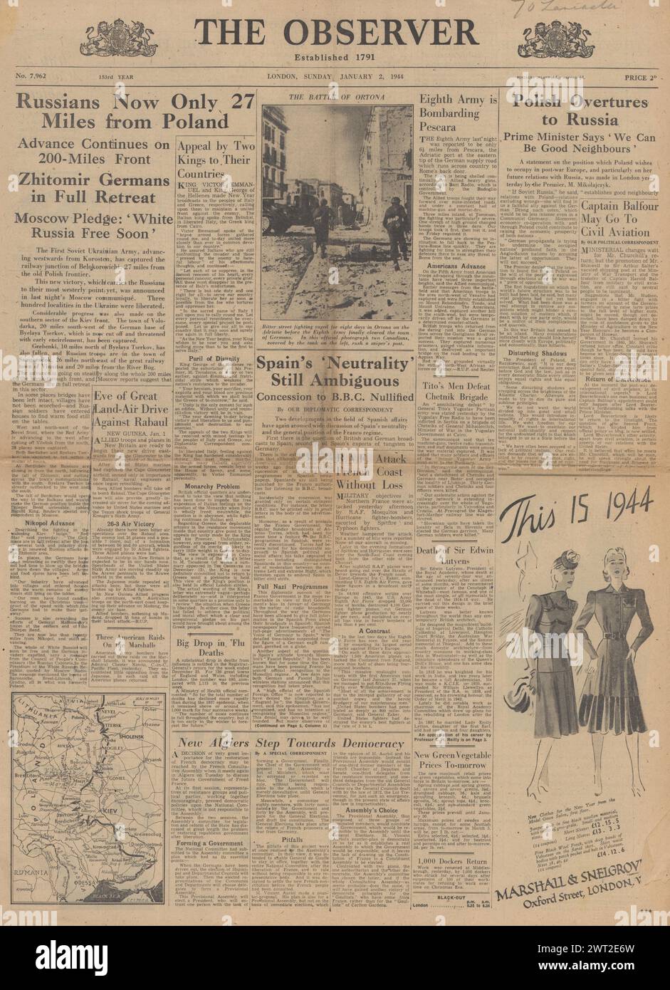 1944 la prima pagina dell'osservatore riporta l'avanzata dell'Armata Rossa verso la Polonia Foto Stock