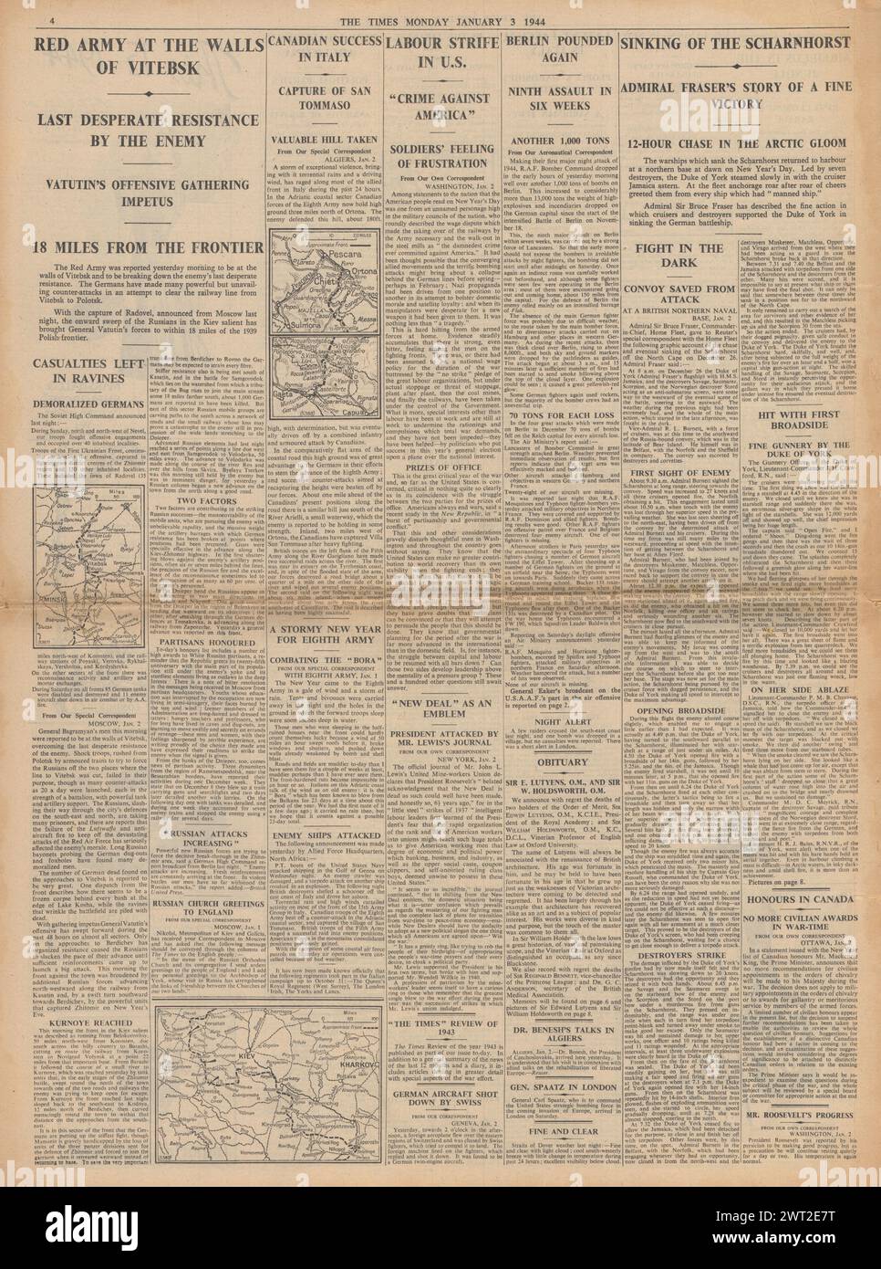 1944 The Times riportava l'avanzata dell'Armata Rossa verso la Polonia, il raid della RAF su Berlino e l'affondamento dello Scharnhorst Foto Stock