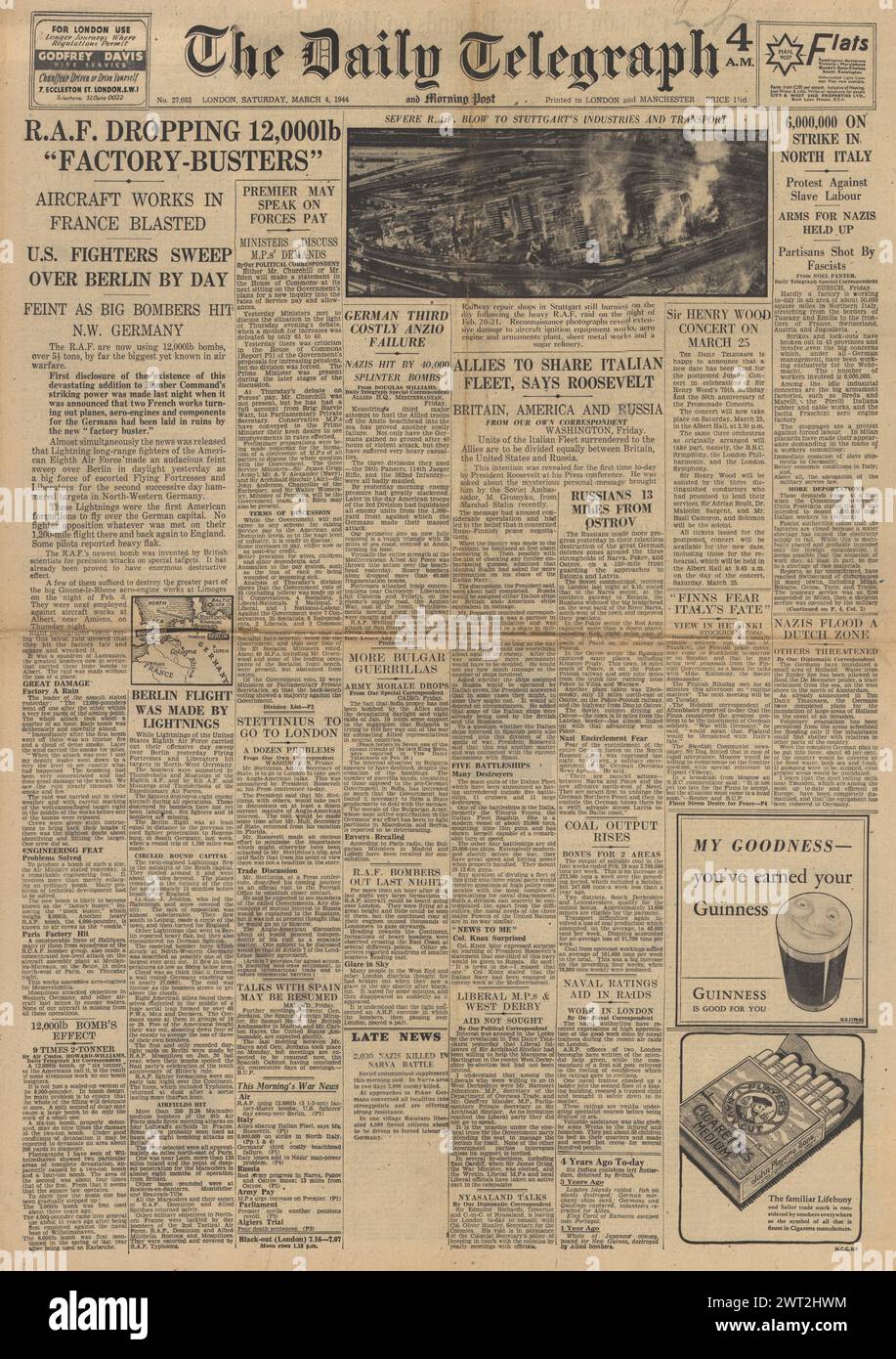 1944 la prima pagina del Daily Telegraph riporta la bomba dell'aeronautica statunitense di Berlino, la RAF lancia una nuova bomba sulla Francia occupata dai tedeschi, i disordini a Milano e la battaglia per Anzio Foto Stock