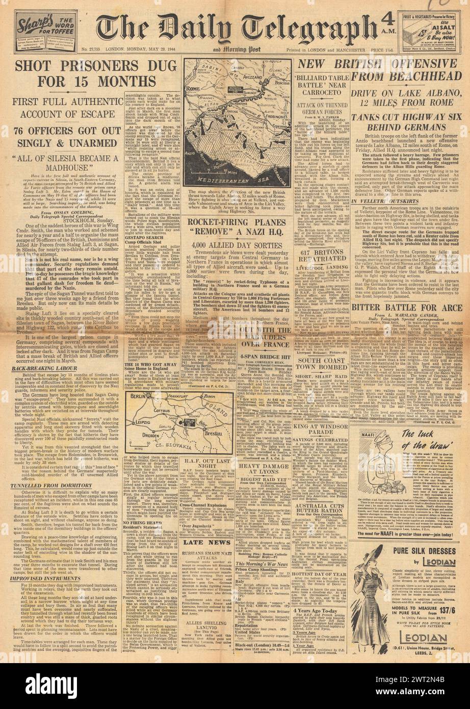 1944 la prima pagina del Daily Telegraph riportava che gli ufficiali della RAF fuggirono sparati e l'esercito britannico avanzava dalla testa di ponte di Anzio Foto Stock