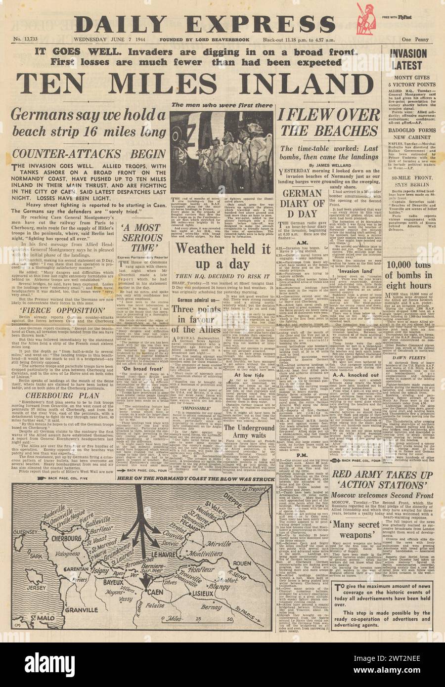 1944 la prima pagina del Daily Express riporta gli sbarchi del D Day Foto Stock