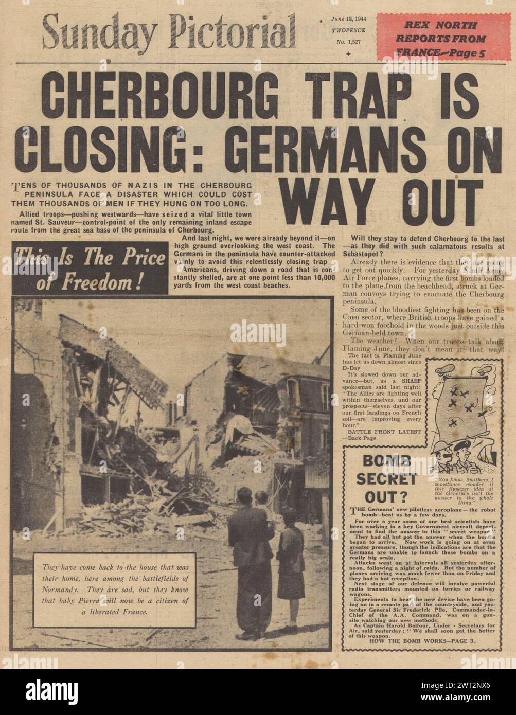 1944 domenica prima pagina pittorica che riporta la Battaglia di Cherbourg Foto Stock