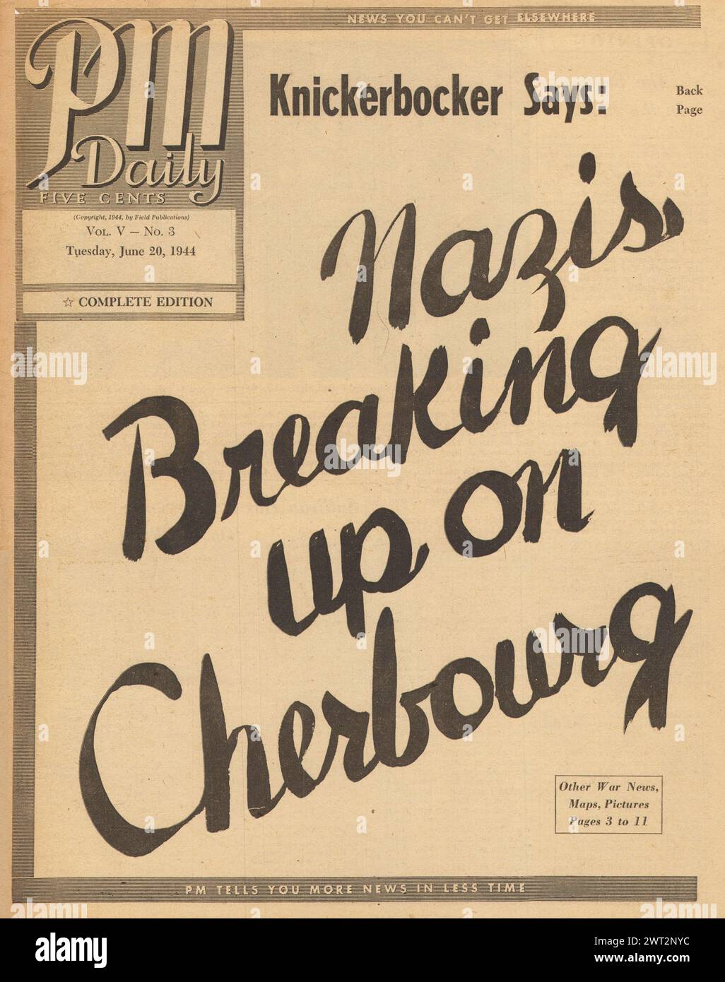 1944 PM in prima pagina tutti i giorni con la notizia della battaglia per Cherbourg Foto Stock