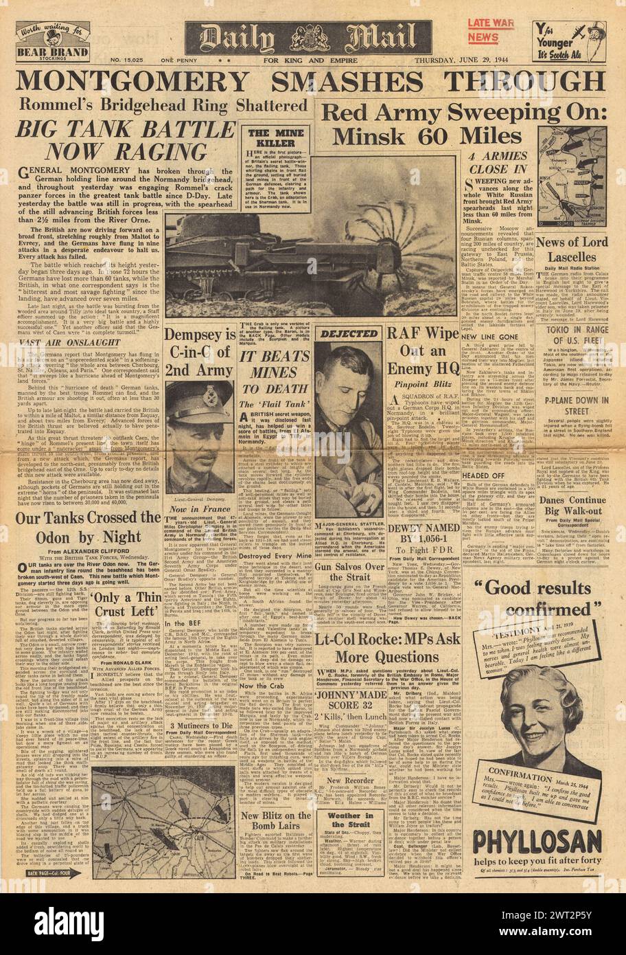 1944 la prima pagina del Daily mail riporta l'operazione Epsom in Normandia, il generale Dempsey prende il comando della 2a Armata e dell'Armata Rossa catturano Orsha e minacciano Minsk Foto Stock