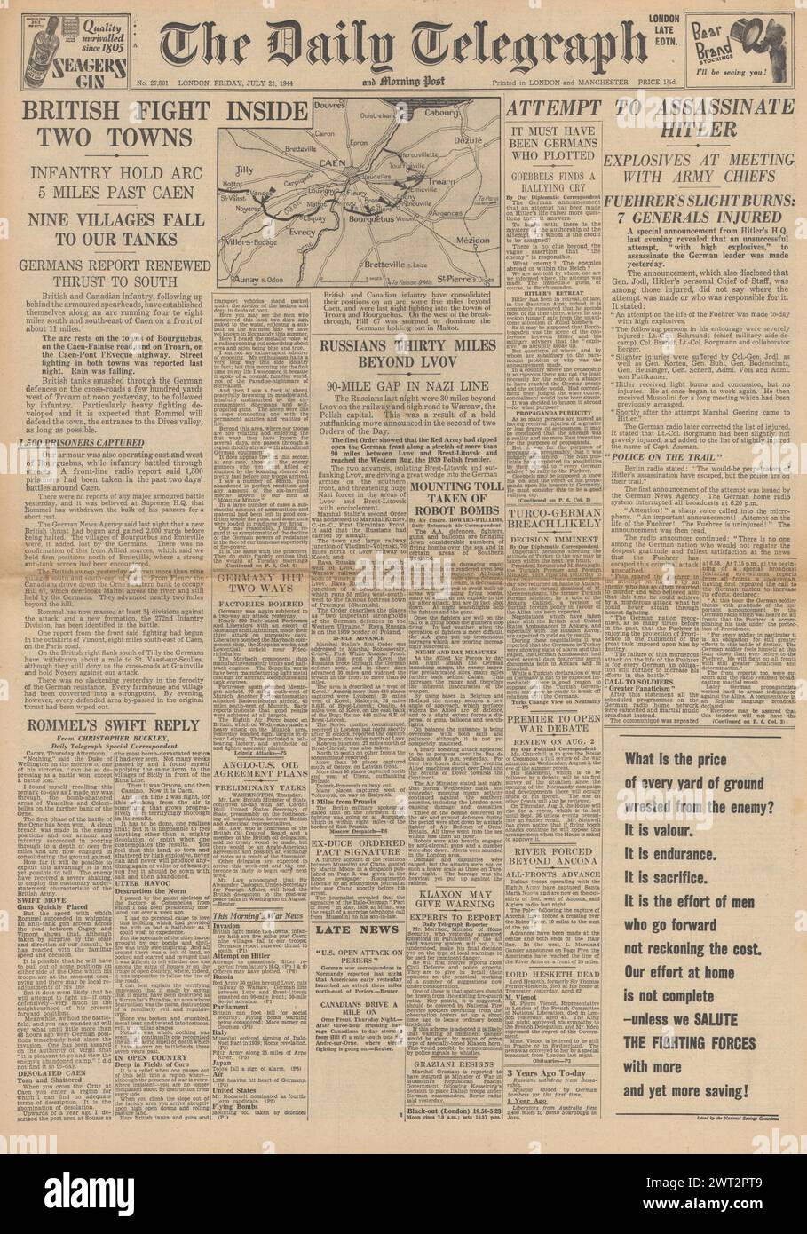 1944 la prima pagina del Daily Telegraph riportava un tentativo di assassinio su Hitler, gli Alleati che combattevano a Troarn e Bourguebus e l'Armata Rossa avanzavano oltre Lvov Foto Stock