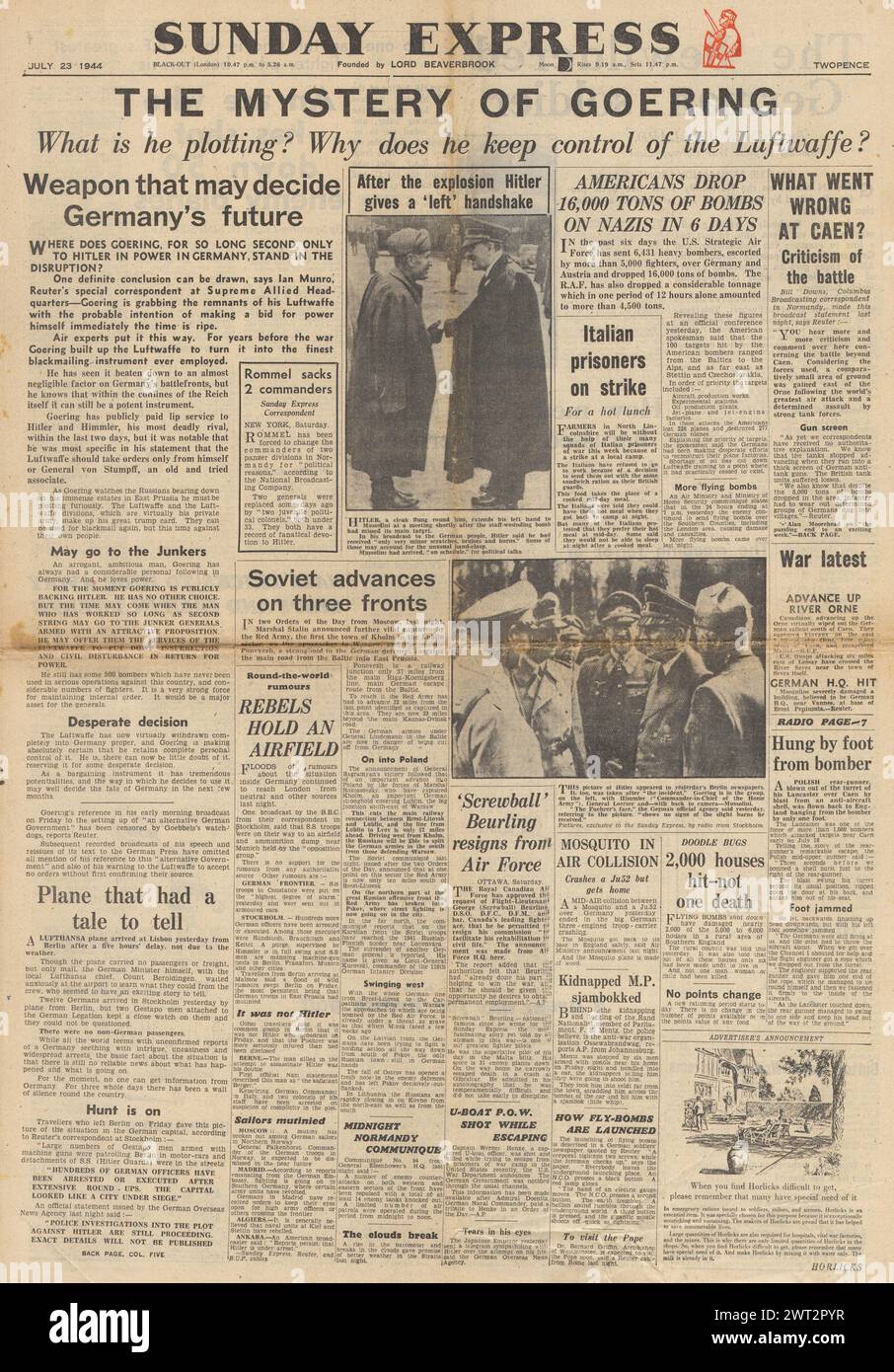 1944 la prima pagina del Sunday Express riportava il fallimento dell'operazione Goodwood, speculazioni su Hermann Goering e sulla bomba dell'aeronautica statunitense in Germania e Austria Foto Stock