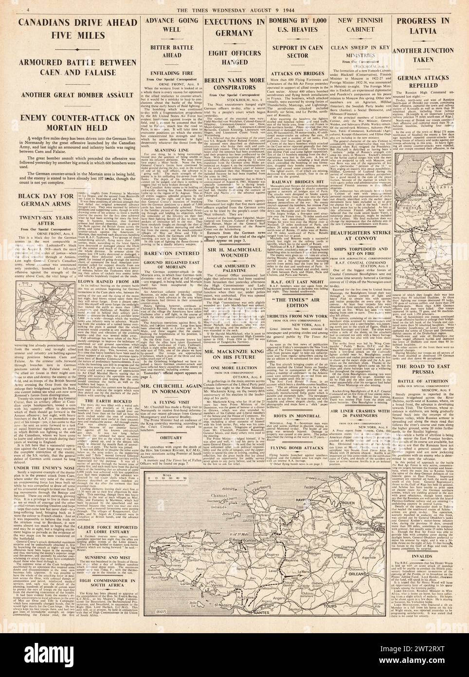 1944 The Times riportava l'avanzata delle corazzature alleate da Caen, 20 luglio cospiratori di bombardamenti giustiziati, le linee tedesche bombardate dall'aeronautica militare statunitense in Normandia e l'avanzata dell'Armata Rossa in Lettonia Foto Stock